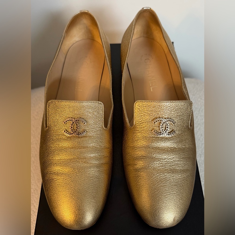CHANEL Metallic Gold Loafers